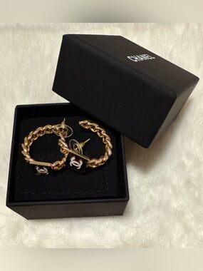 Elegant Gold-Tone Hoop Earrings with B&W Enamel CC Squares